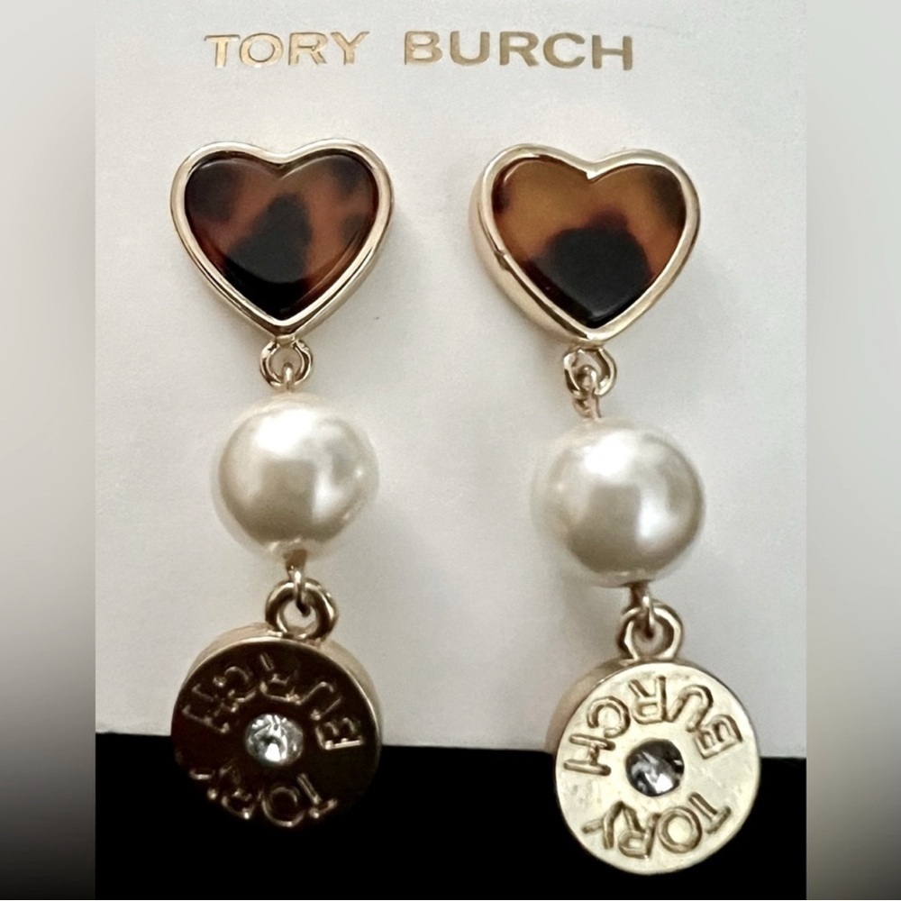 Authentic Logo Semi Precious Tortoise Heart, Pearl Stone and Tory Logo Earrings